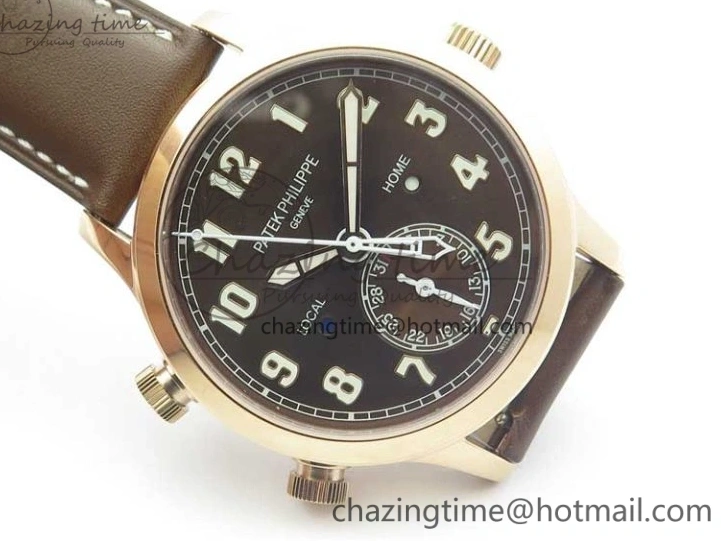 MIROTIME 0323 Calatrava 5524R Pilot Travel Time RG GRF Brown Dial on Brown Leather Strap MIYOTA TopPick 7155